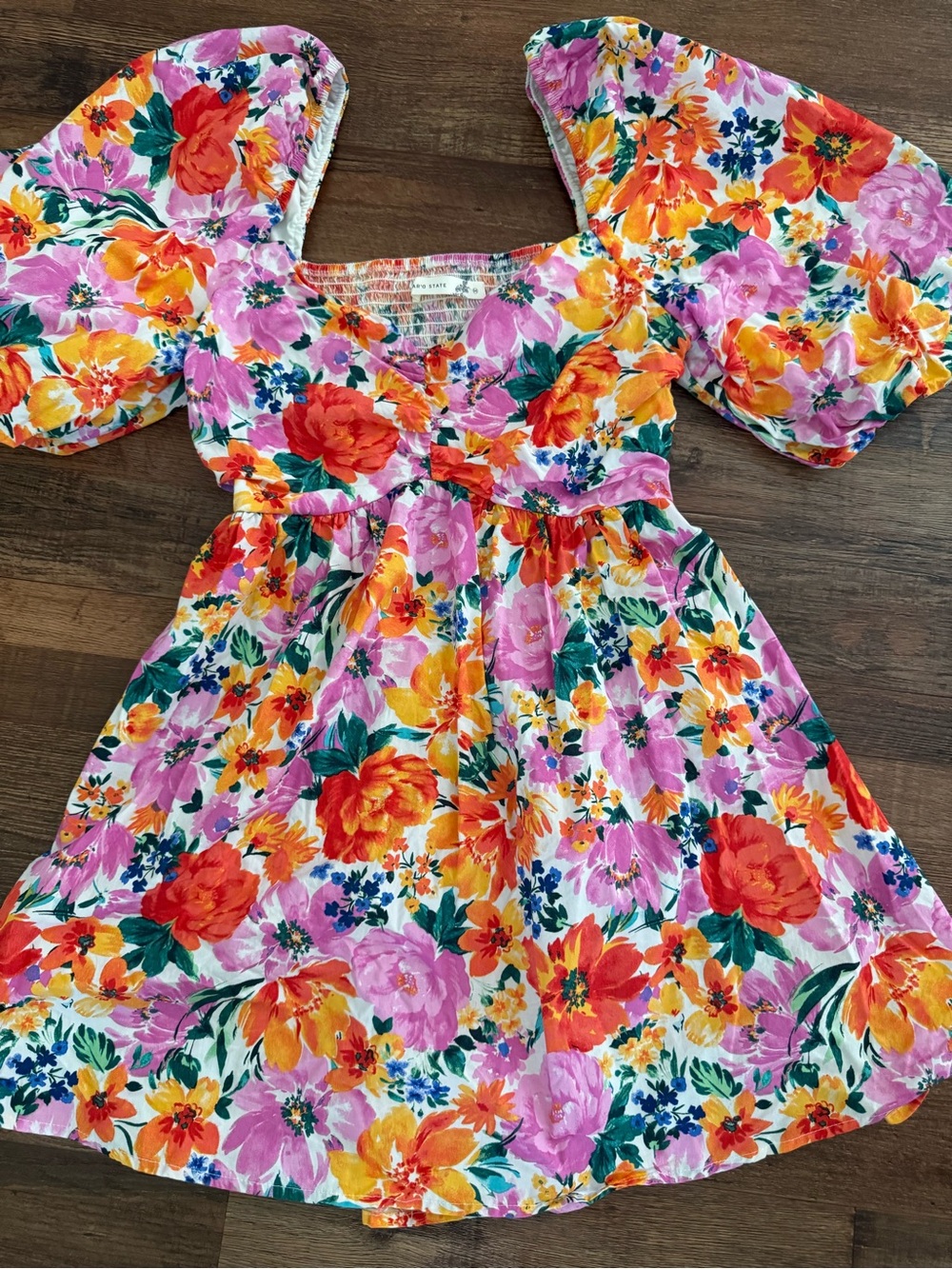 Altar'd State Floral Puff-Sleeve Mini Dress - Pink, Orange, Yellow, Green